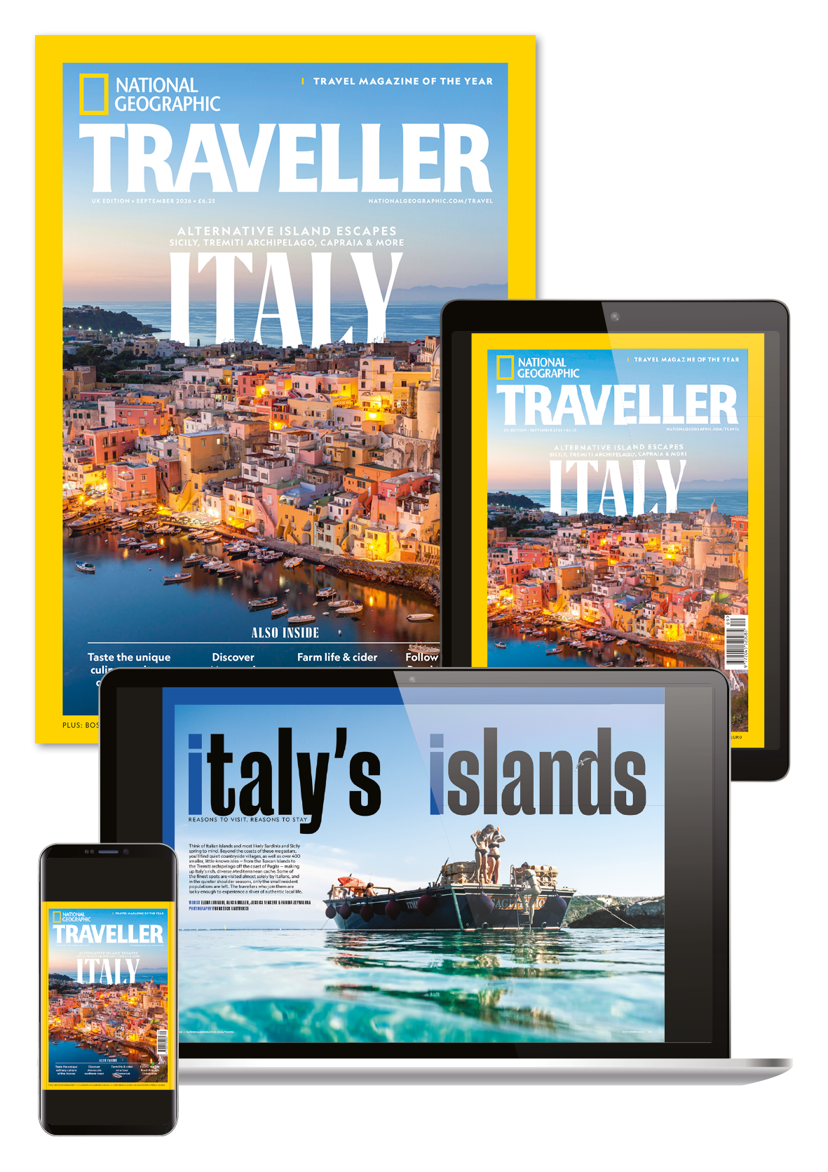 National Geographic Traveller (UK) magazine displayed across print, tablet, laptop, and smartphone formats.